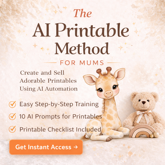 AI Printable Method for Mums guide showing how to create and sell printable products using AI with step by step training and printable templates